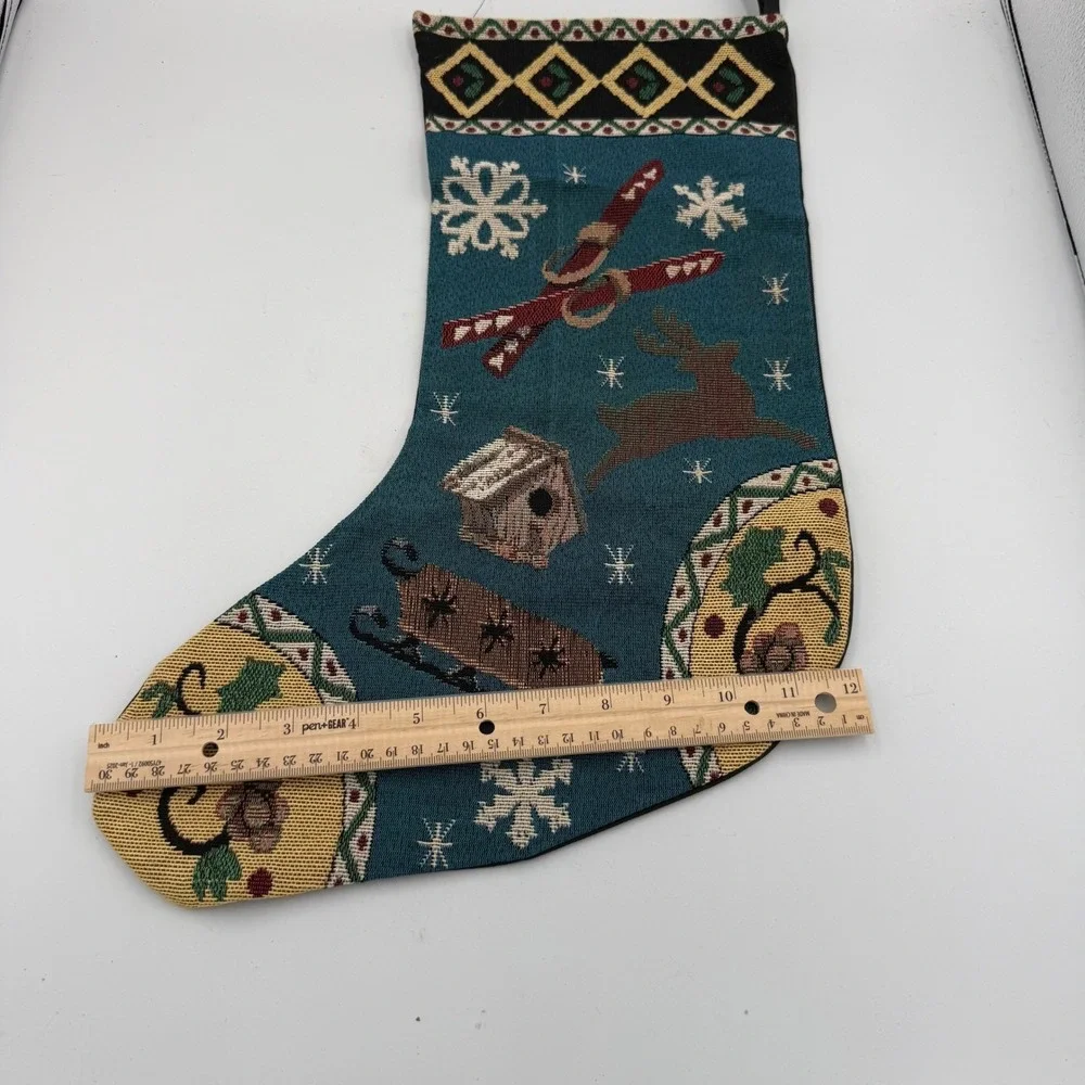 Vintage Tapestry Christmas Stocking Teal Reindeer Skis Sled Winter Scene Woven